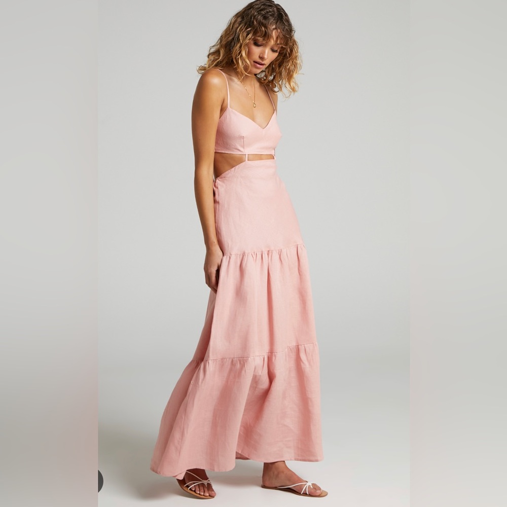 AMALIE THE LABEL - ROZELLE LINEN CUT OUT TIE BACK MAXI DRESS IN DUSTY PINK